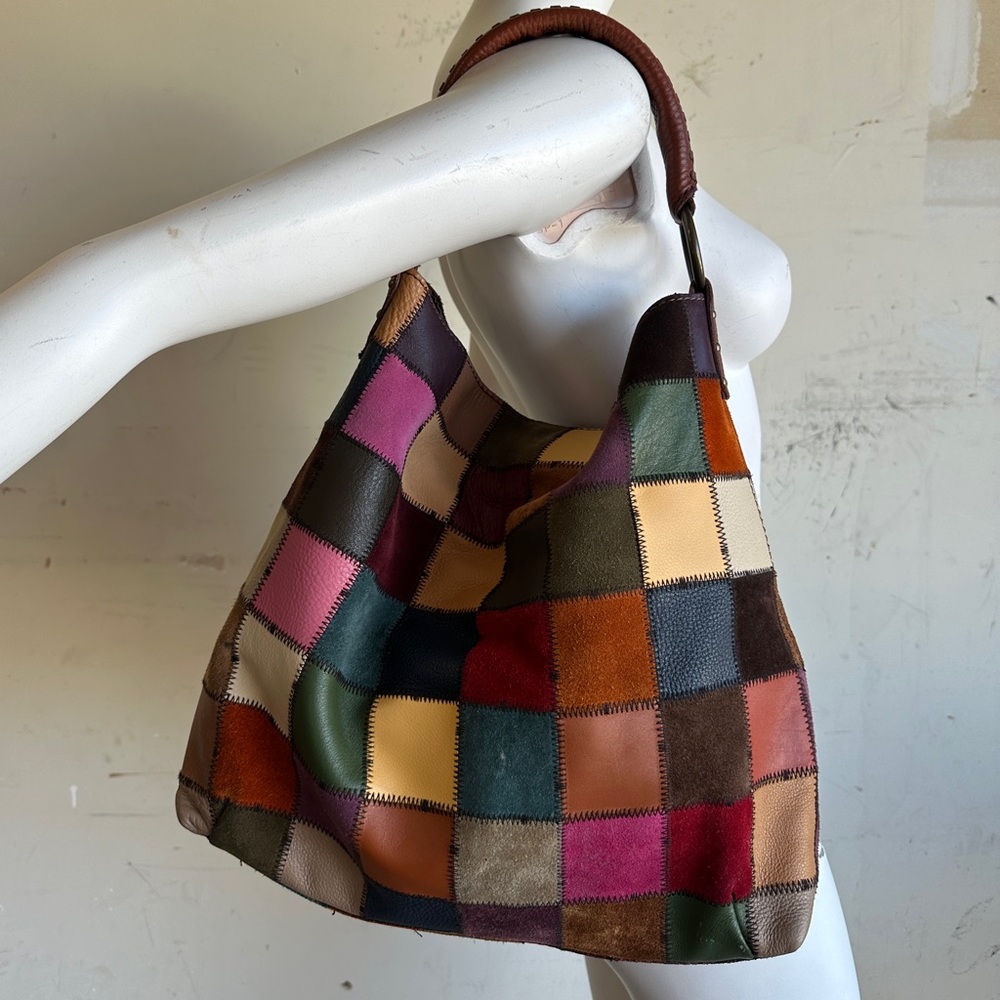 Rare Lucky Brand Vintage Patchwork Leather Hobo Bag Multicolor Boho Shoulder L